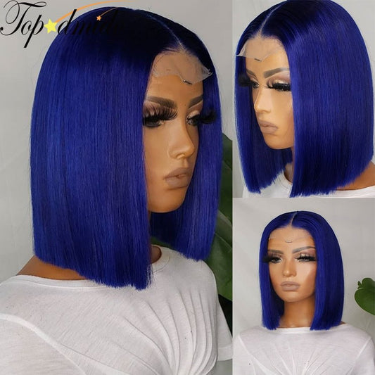 Blue Bob Cut Lace Front Human Hair Wig - Braids Hair N More