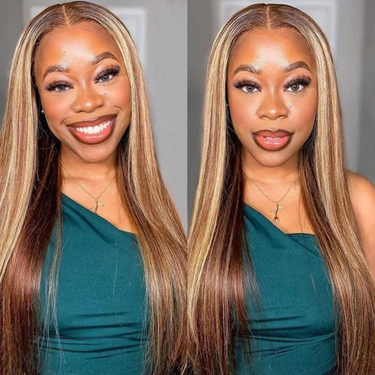 Highlight Glueless Human Hair Frontal Straight Honey Blonde Lace Front Wig - Braids Hair N More