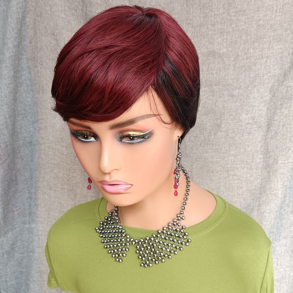 Short Pixie Cut Wig For Black Women Straight Burgundy Red Human
